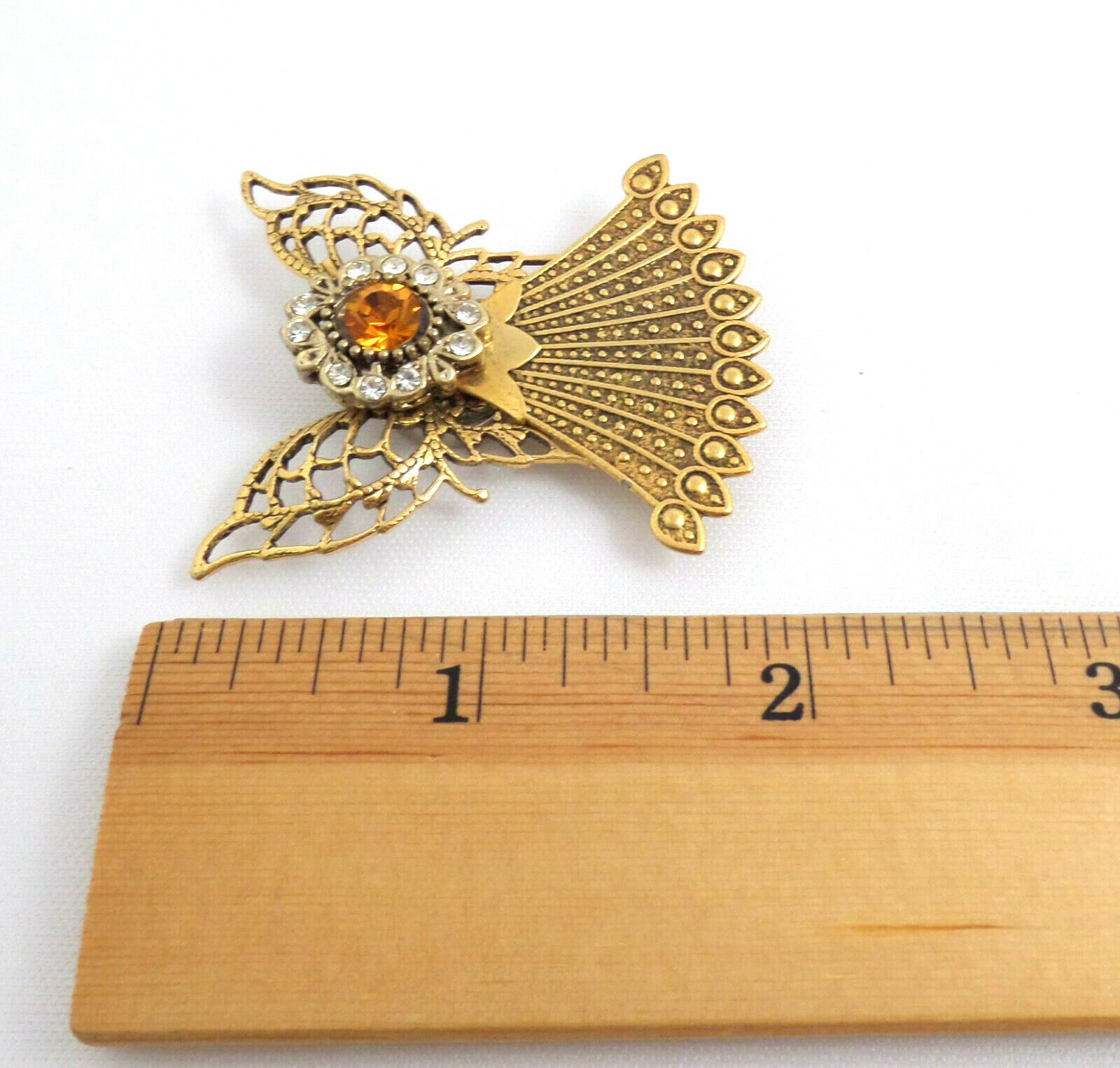 VTG Magnetic Pin Gold Plated Angel w Yellow & Clear Rhinestones Almost 2” Tall