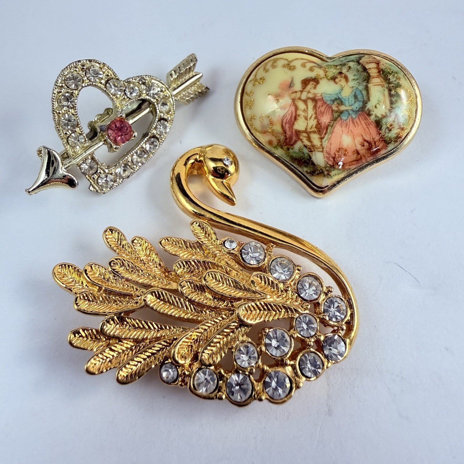 Vintage 3 Pins Rhinestone Swan Courting Couple Heart Brooch Romance