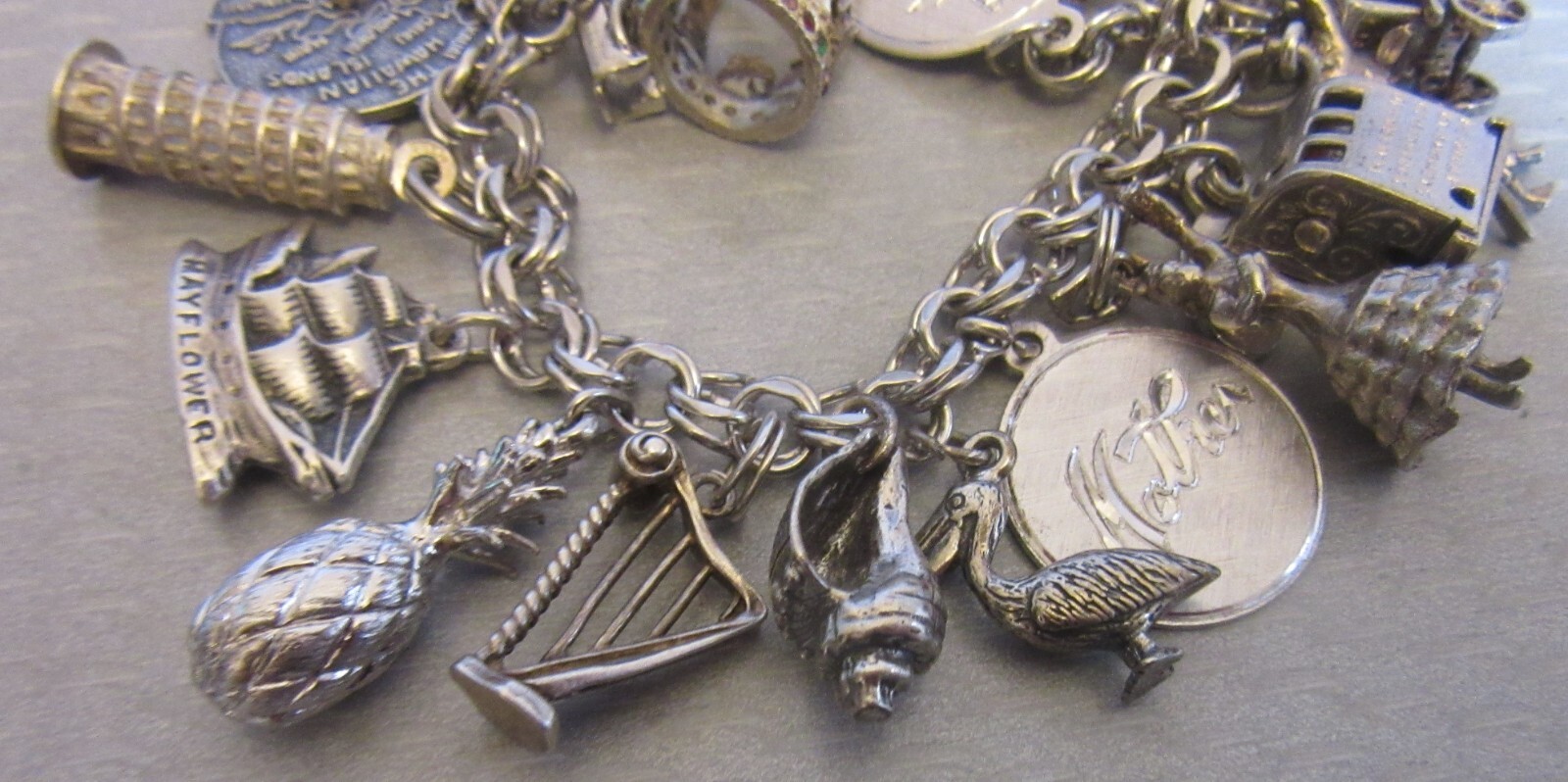 Vintage Sterling Silver Charm Bracelet Loaded 24P Buildings Travel 3D Full 92g