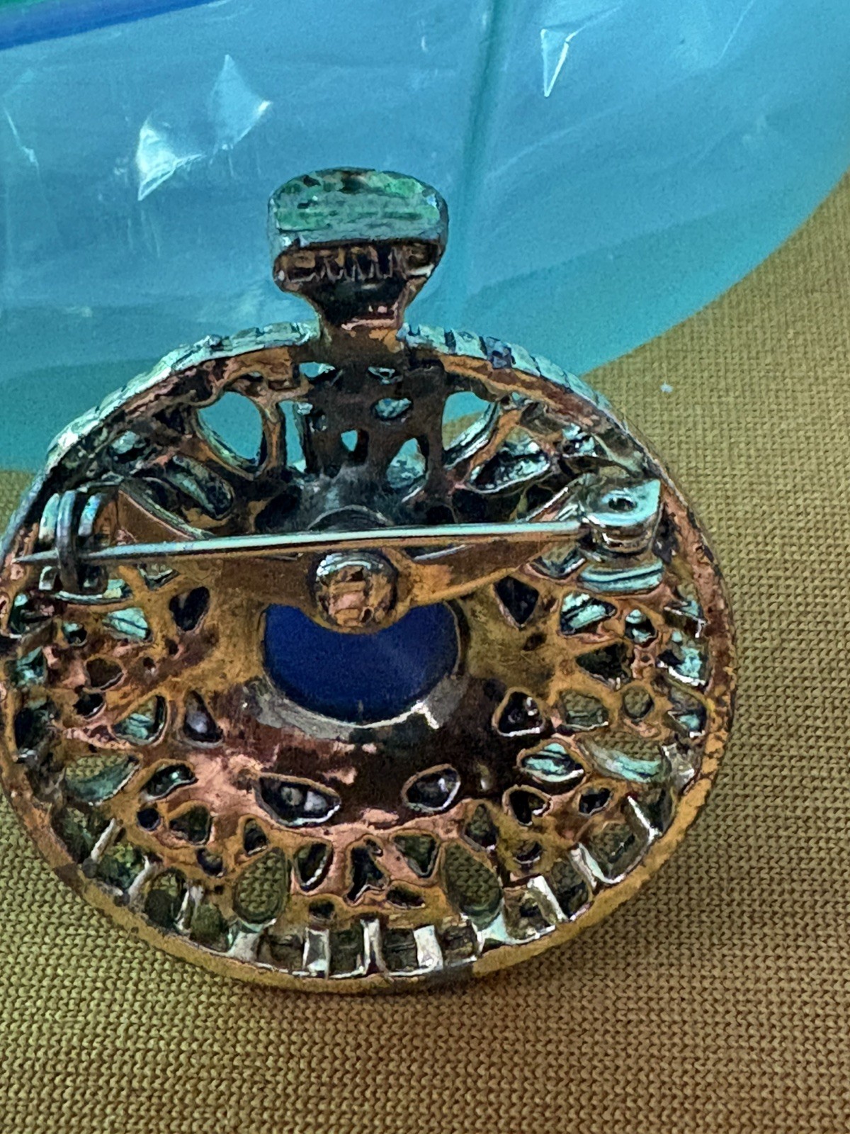 Vtg GERRY’S 1970’s Faux Pocket Watch Moonstone Cabochon Blue Rhinestones Brooch!