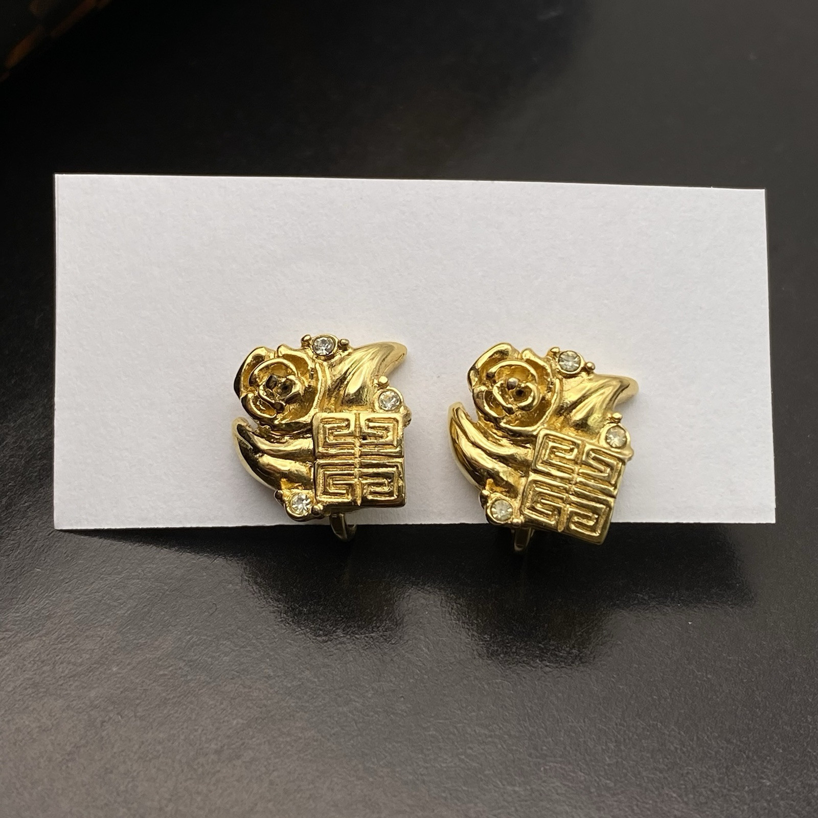 Vintage Givenchy Earrings Signed Flower Gold Tone Logo 80s Every Day Classic