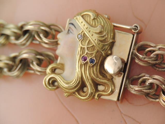 RARE ART NOUVEAU 14K GOLD ENAMEL JEWEL FACE DOUBLE CHAIN BRACELET 7 3/4 “