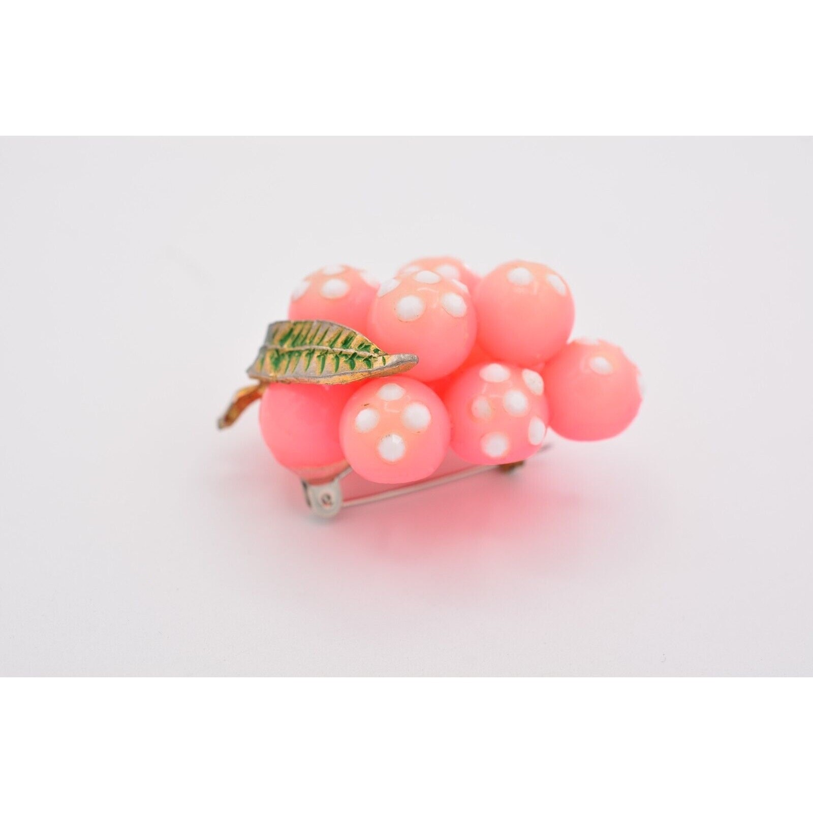 Vintage Glass Grapes Pin Brooch Pink White Polka Dot Crystal Antique 1960s BinAJ