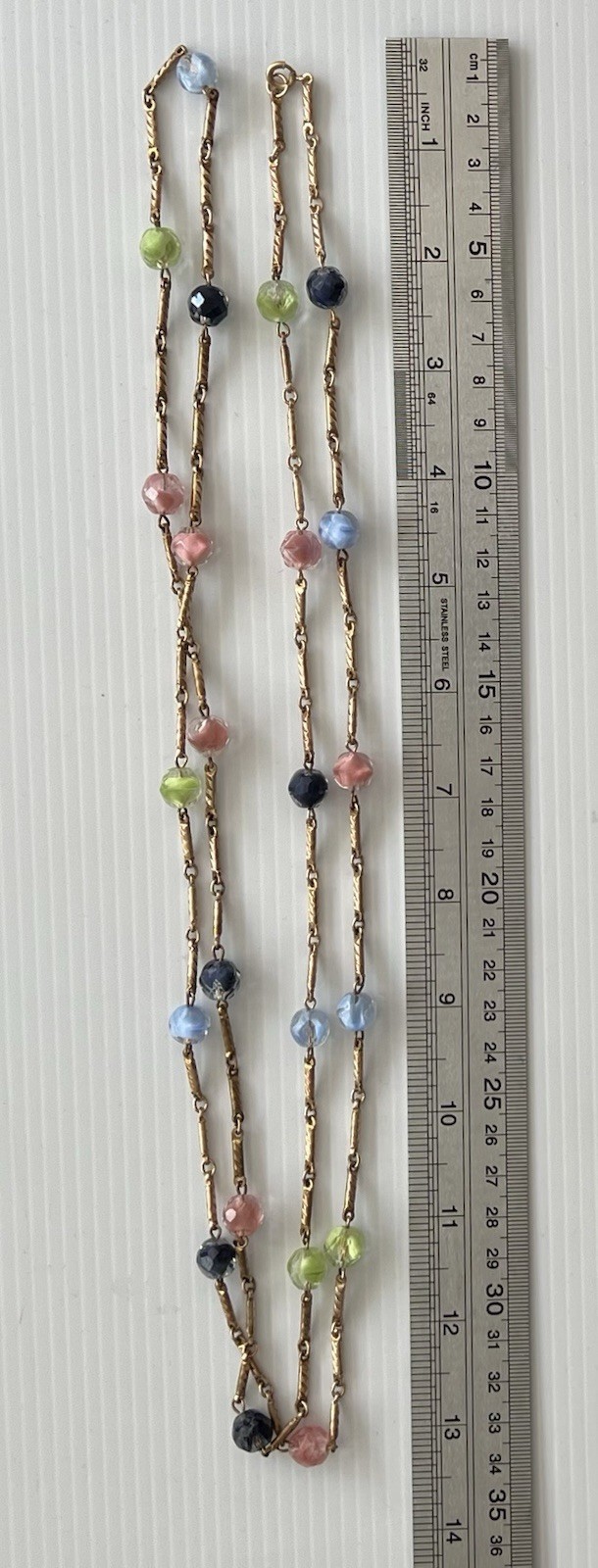 Vintage Gold Tone Textured Bar Link Chain 54” Long Multicolored Station Necklace