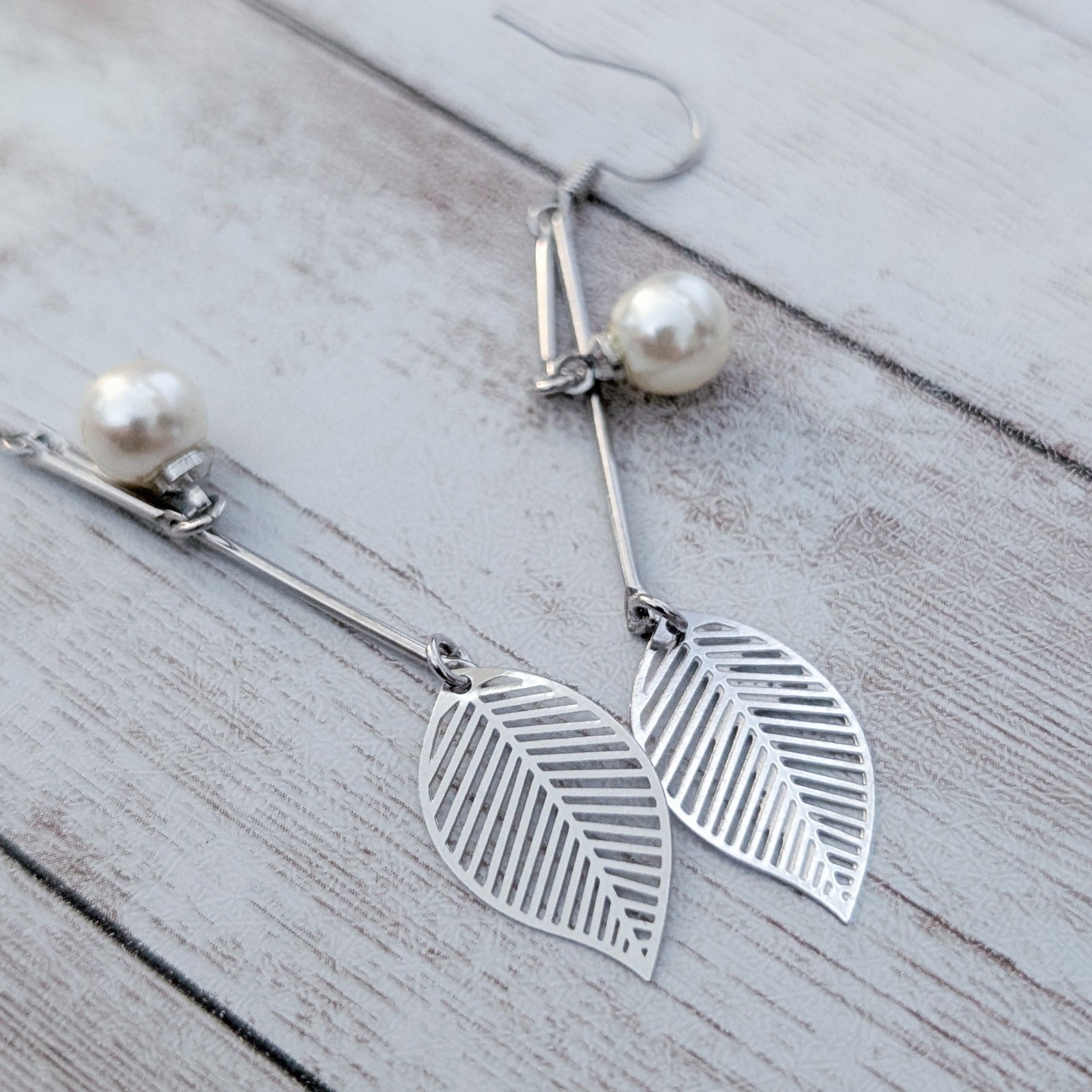 Vintage Dangle Earrings Faux Pearl & Leaf Long Dangle for Pierced Ears 925 Hooks