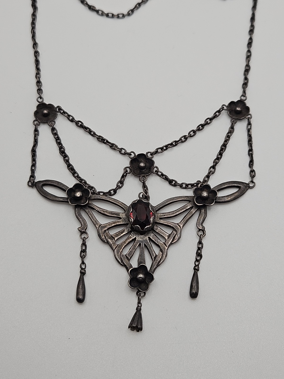 Vintage Victorian Revival Festoon Sterling Red Garnet Flower Necklace As Is