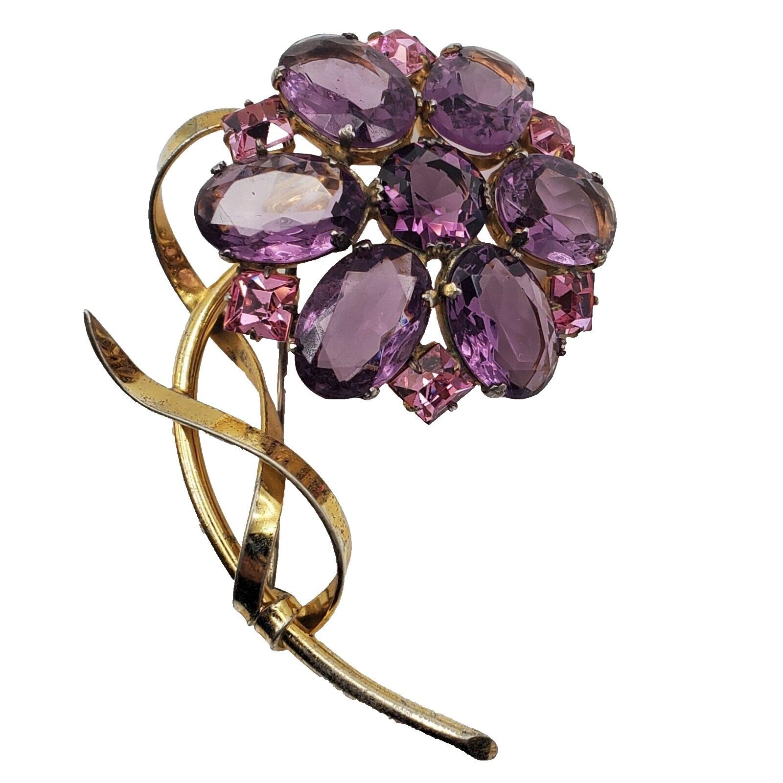 Flower Brooch Gold Vermeil Sterling Silver Pin Purple Glass Pink Rhinestone 40s
