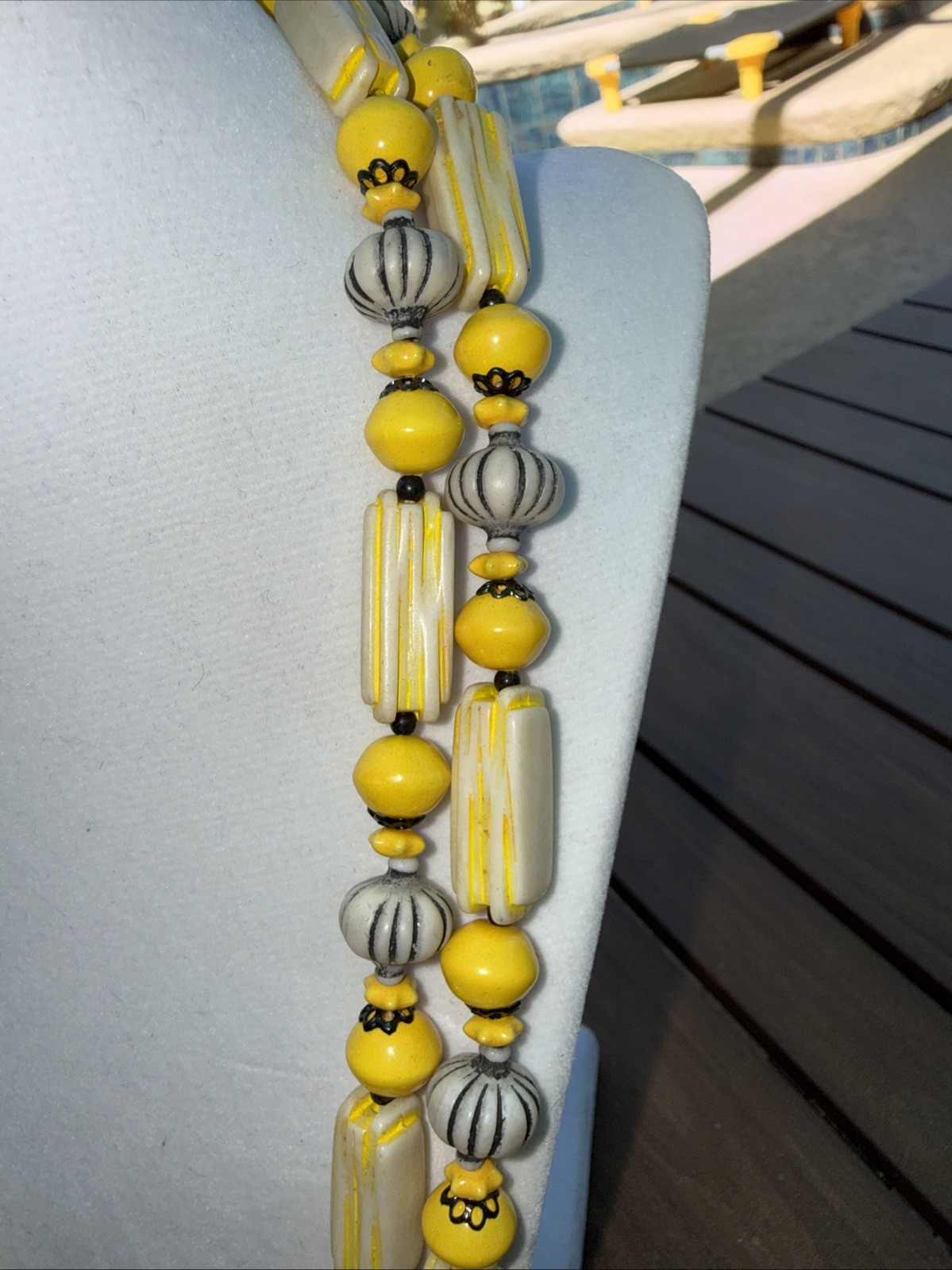 Vintage Made in Hong Kong Yellow Black White 2 Strand Beaded Necklace 19″