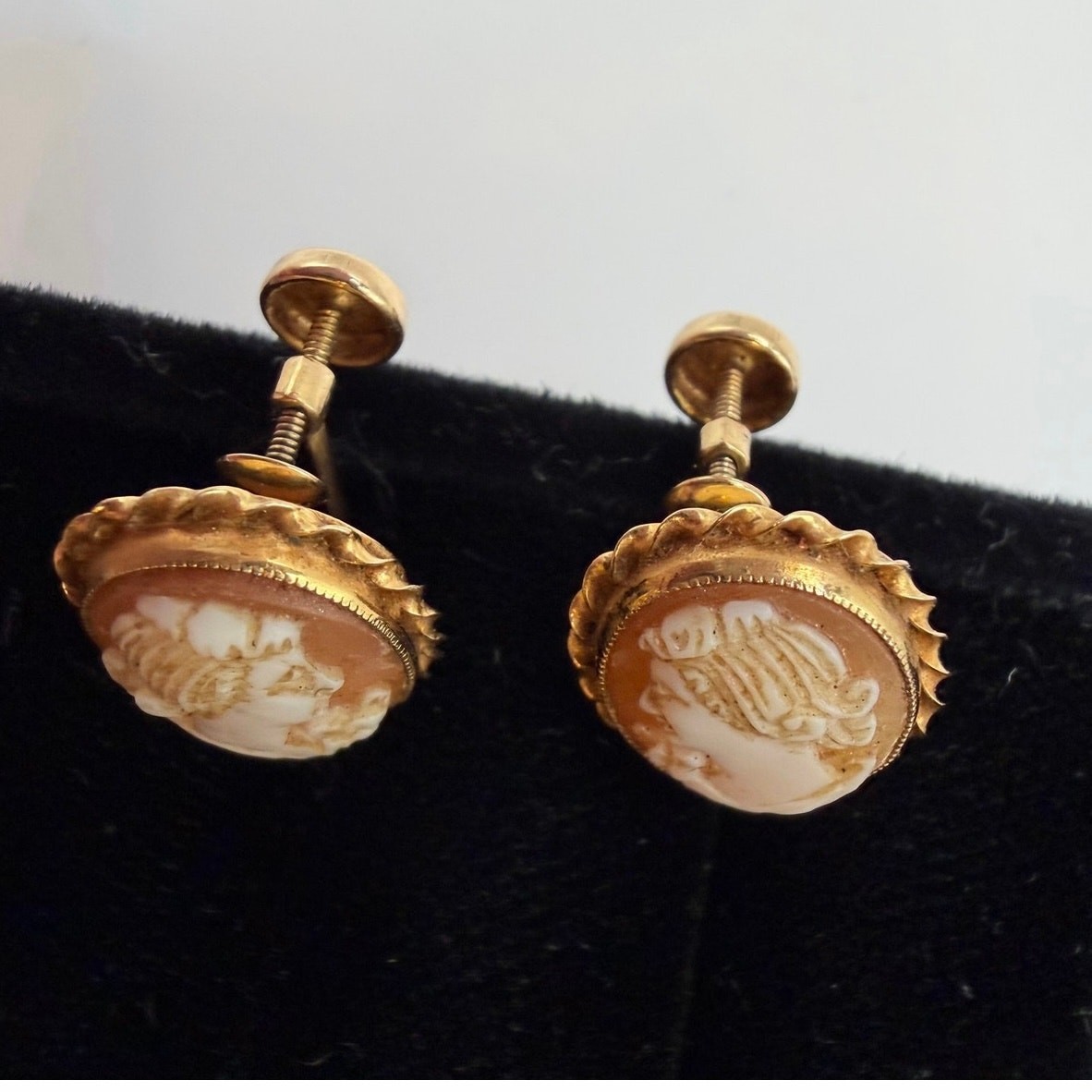 Vintage 10K Gold Cameo Screw Back Earrings Classical Lady Portrait Estate BDA