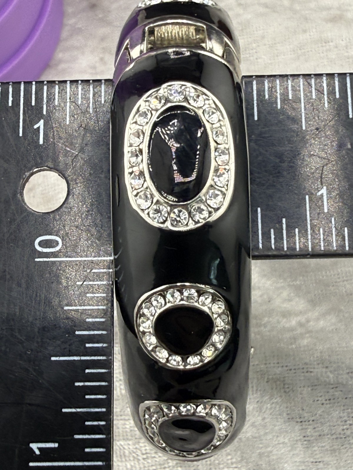 Lia Sophia Bangle Bracelet Black Enamel Rhinestone 7″ Signed