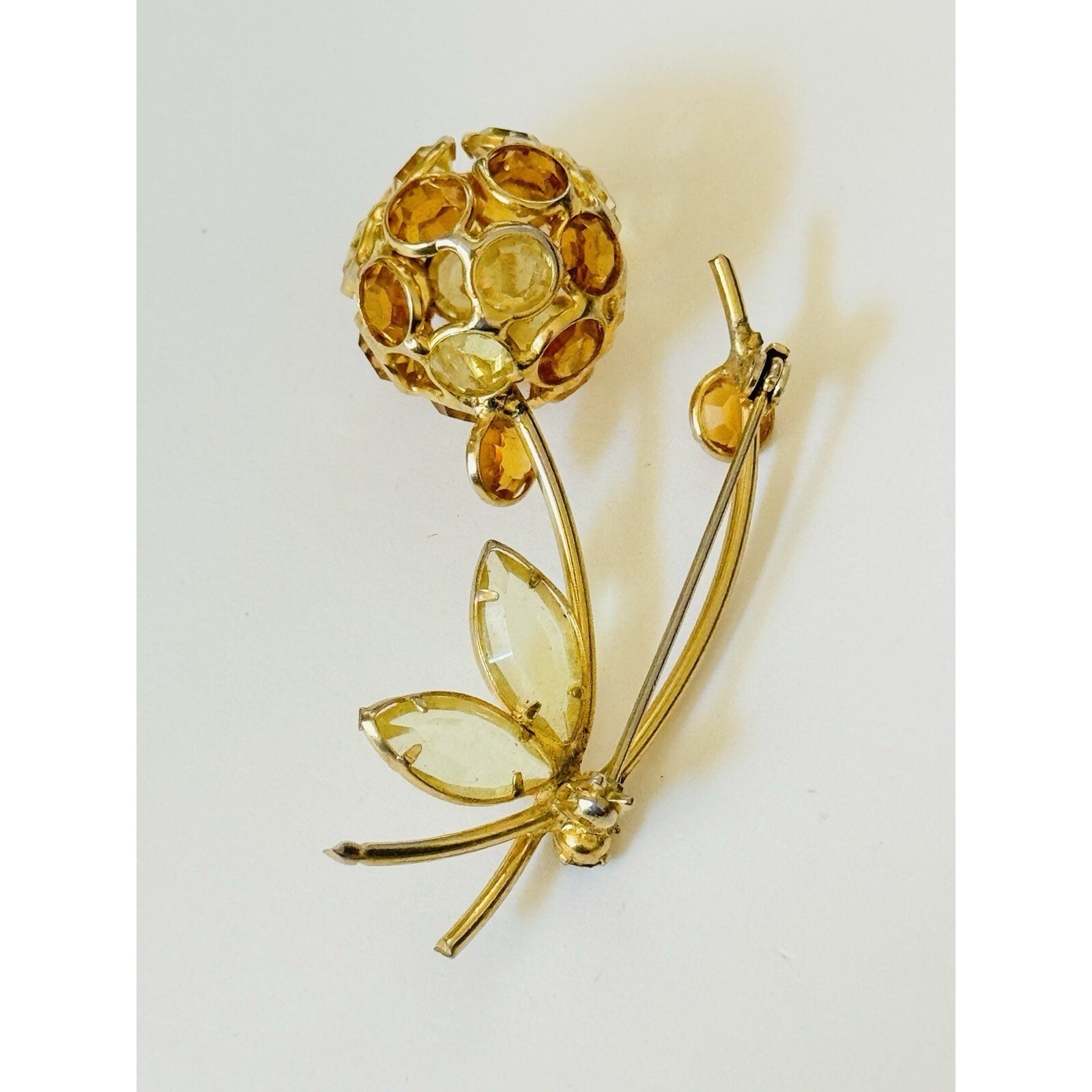 60s Yellow poppy Flower pin Brooch VTG Crystal Bezel Retro Mid Century jeweled