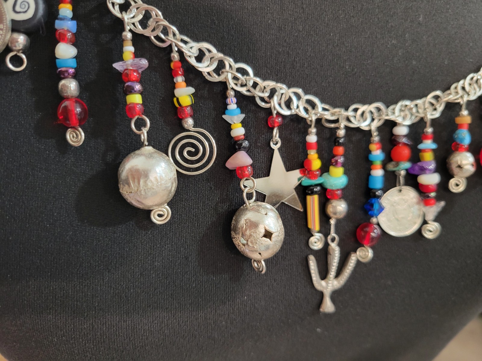 Vintage Multi-stone Tribal Guatemala Coin Charm Beaded Strand Silver Toned Boho