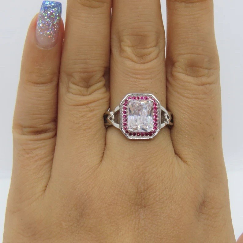 3.5 Ct Radiant Cut Ring Ruby Halo Sterling Silver Art Deco Unique Statement Gift