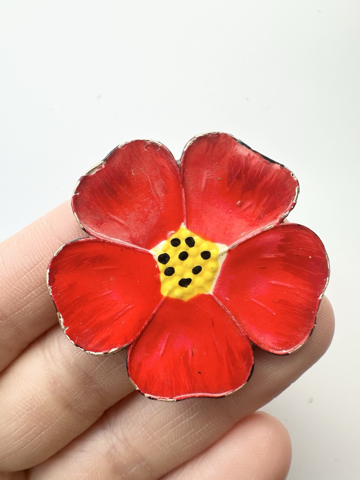 Vintage Red Poppy Flower Brooch Pin Gold Tone
