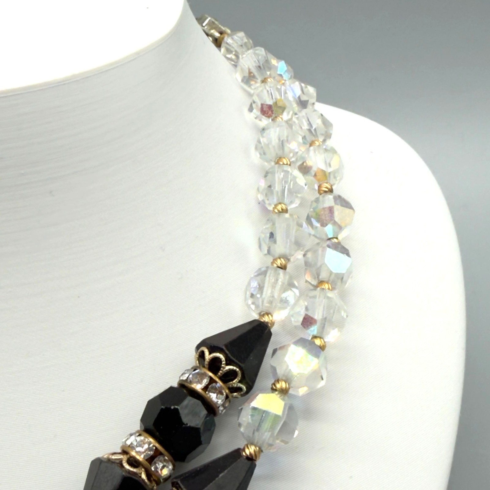Vintage Black Clear Crystal Beaded Necklace Rhinestone Clasp 15″