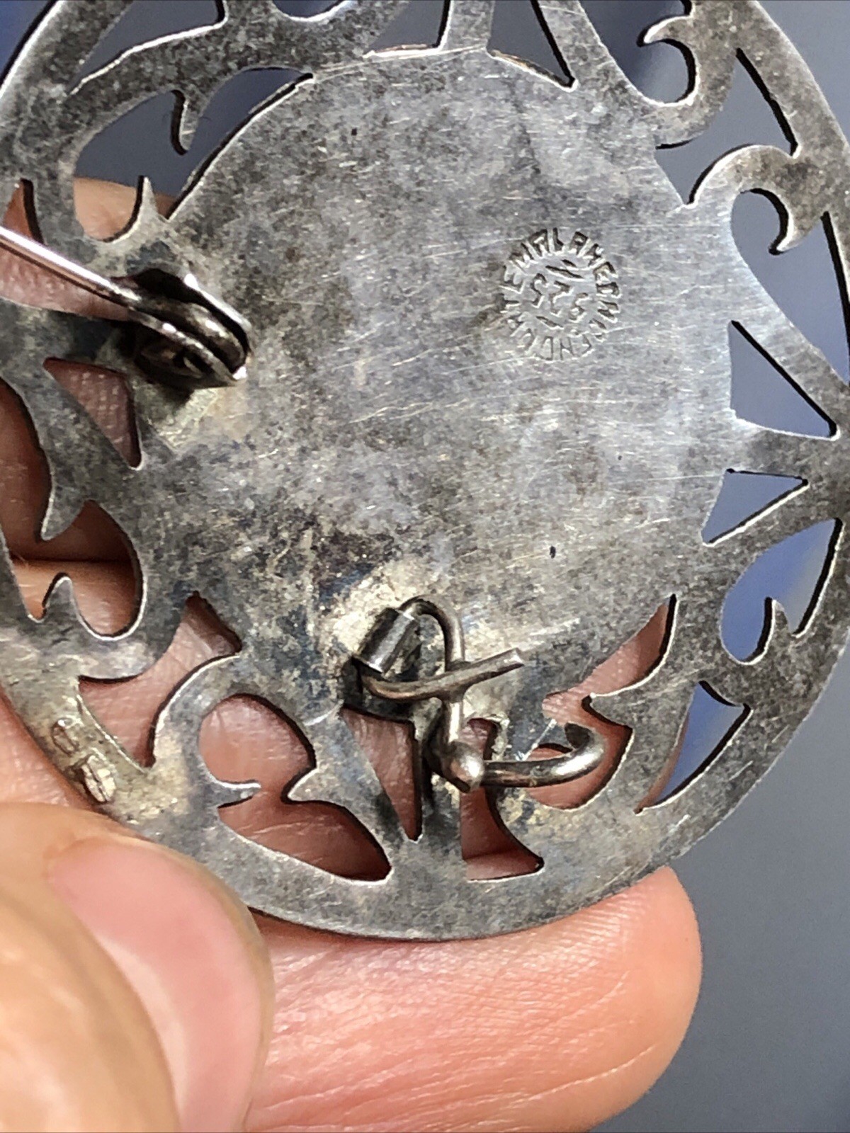 39. Vintage Old Tribal 925 Sterling Mayan Round Cut Out Pin Guatemala 45mm, 9g