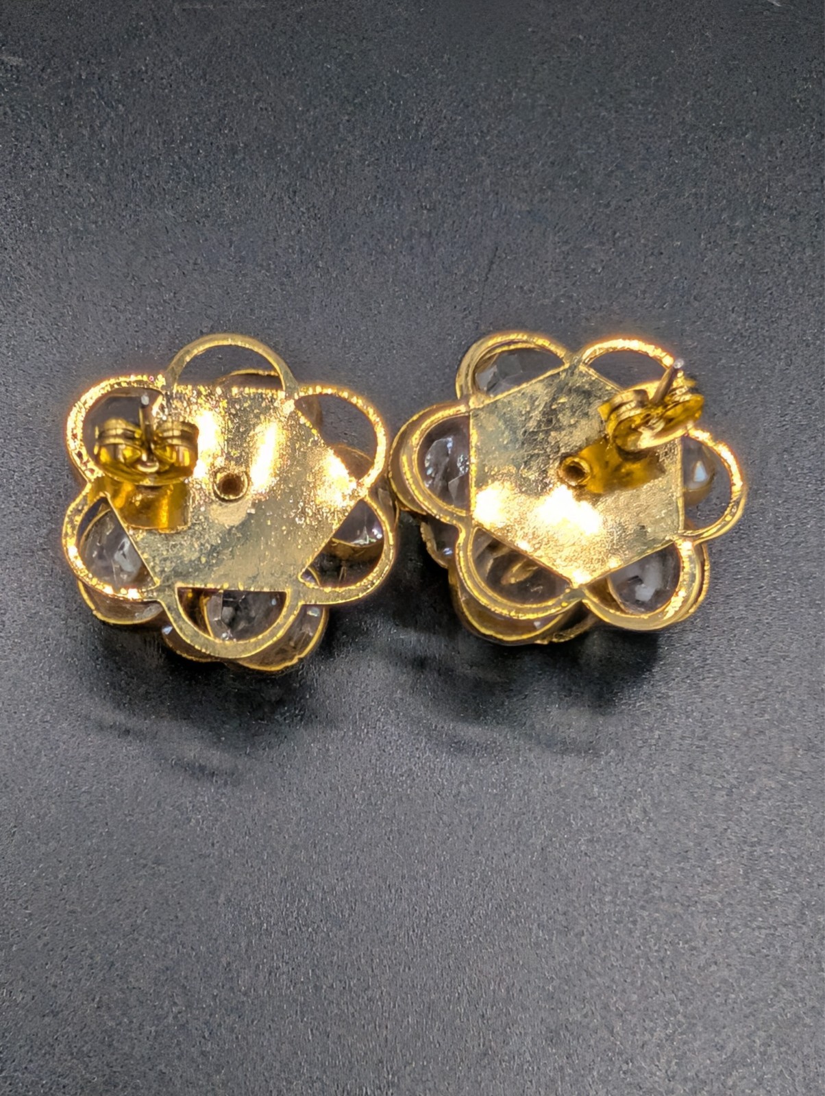 2 Pairs of Vintage Crystal Floral Cluster Gold Tone Earrings