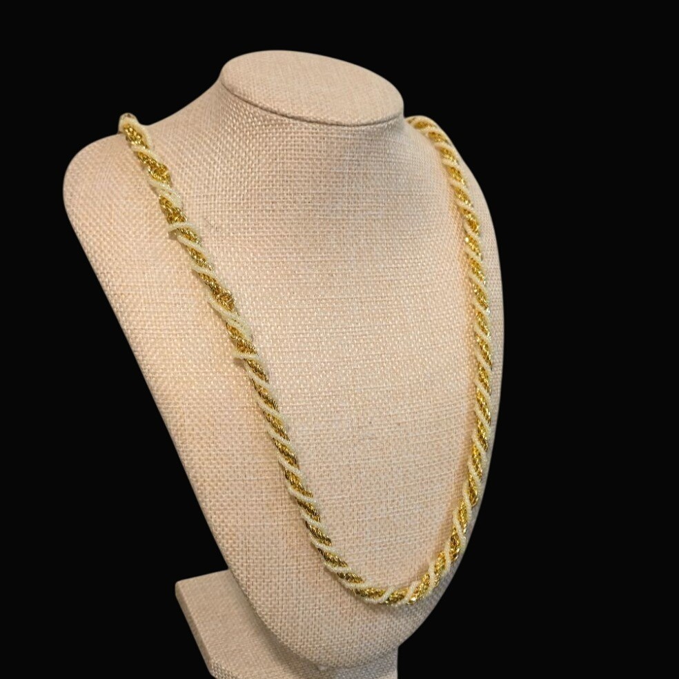 Trifari Vintage Gold Tone Twisted Rope Chain Necklace White Bead Twists jewelry