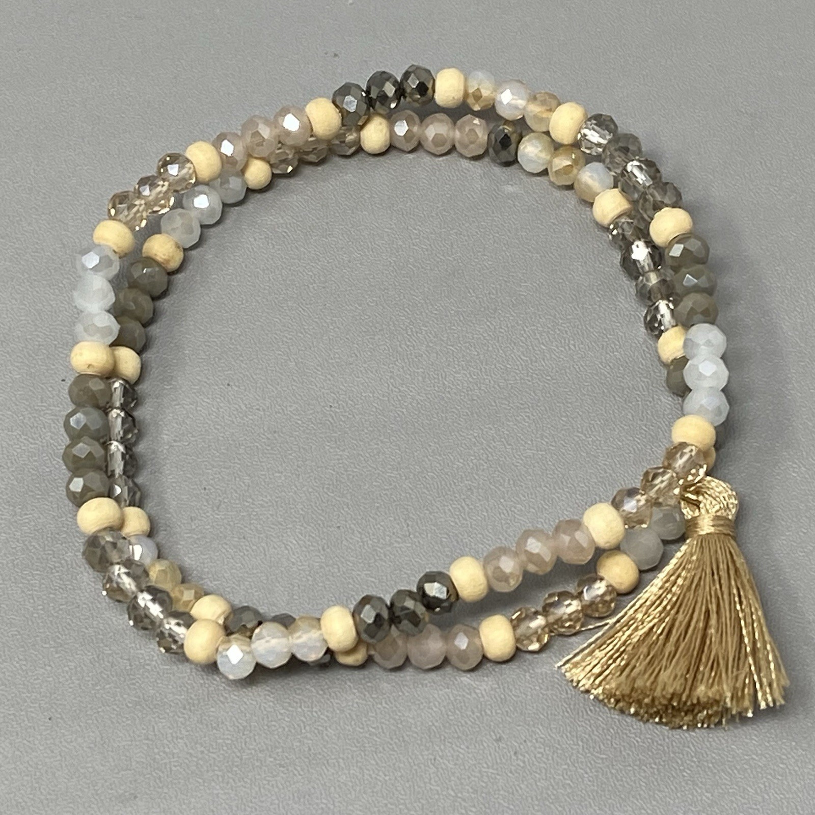 Glass Beaded Bracelet Set of 2 Cream Gray Fire Polished Faceted Tassel Stretch