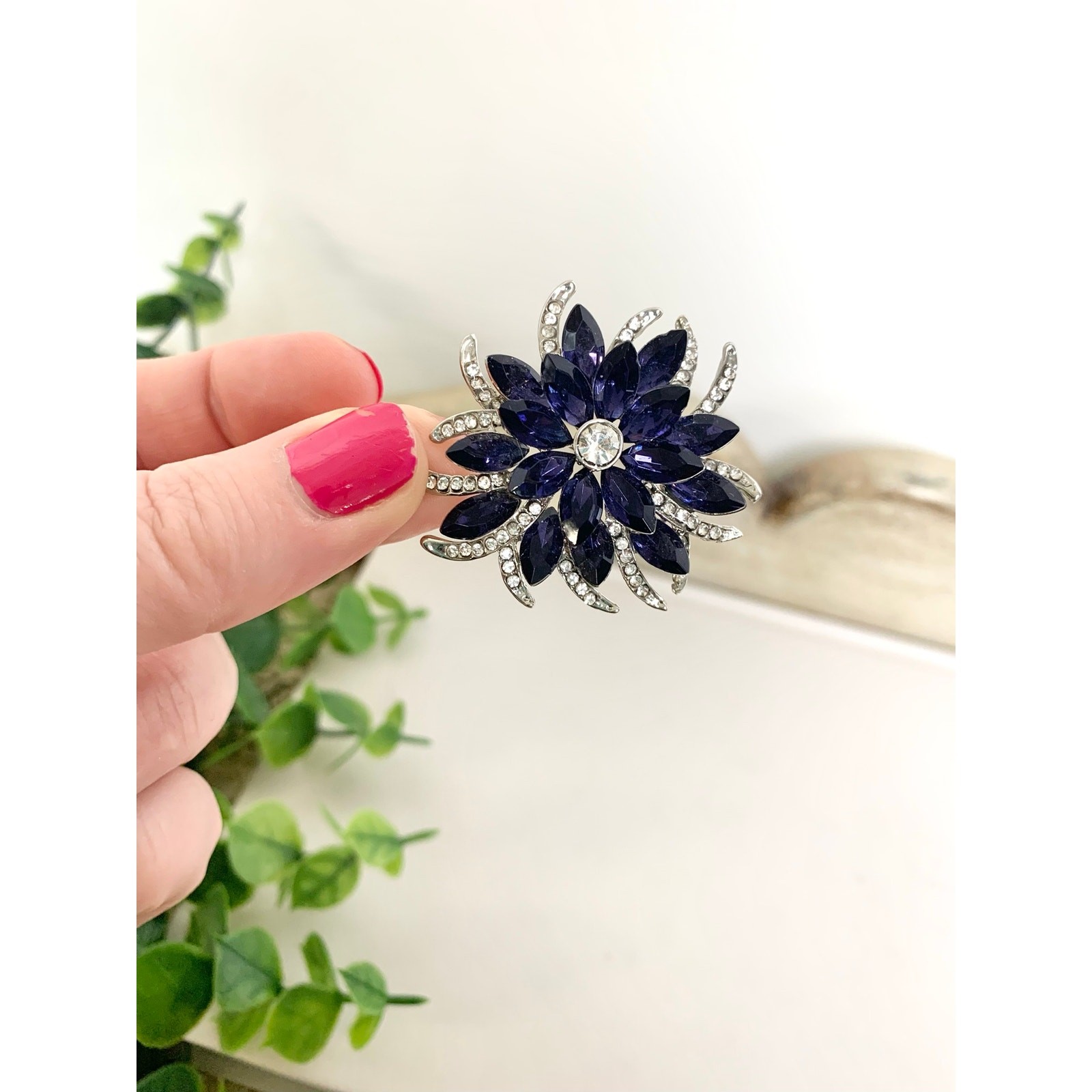 Vintage Blue Violet Rhinestone Flower Brooch Silver Statement Pin Mid Century
