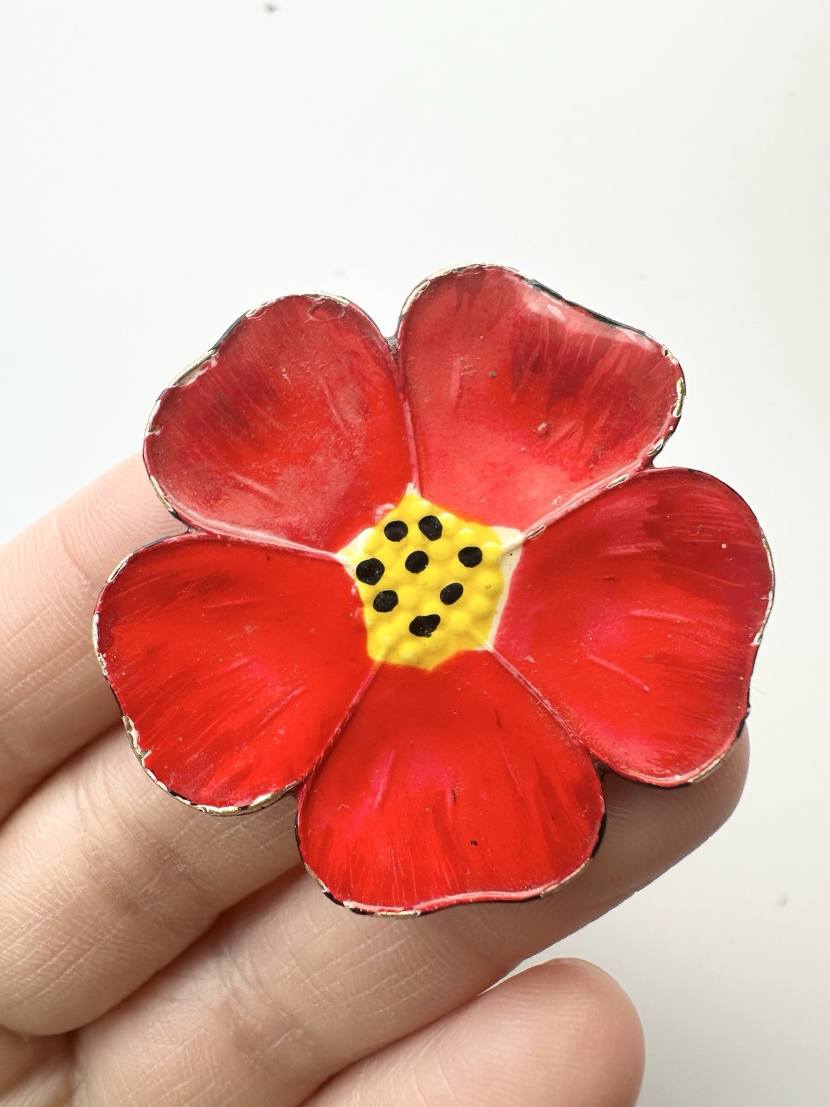 Vintage Red Poppy Flower Brooch Pin Gold Tone