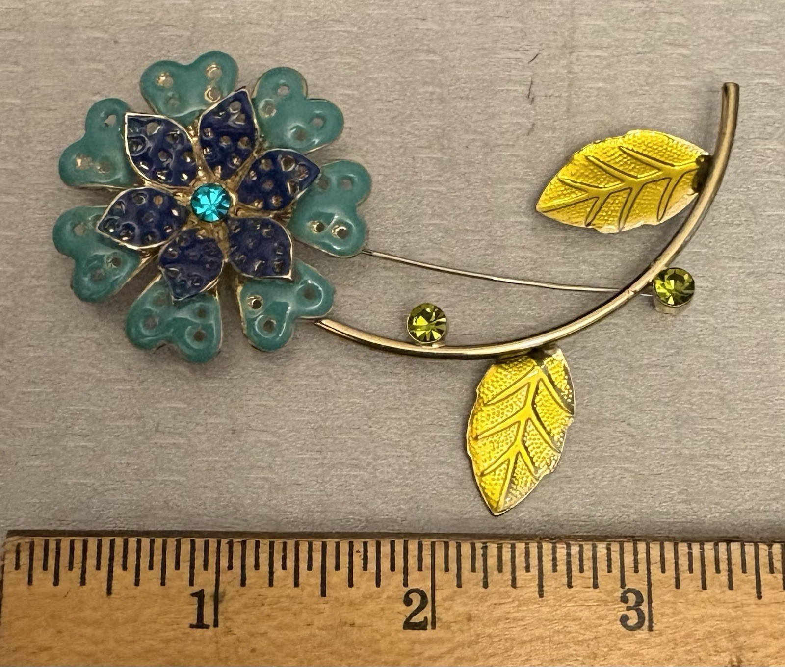 60s vintage Enamel Flower Power Brooch Mod Pop Long Stem Turquoise Lime Cobalt