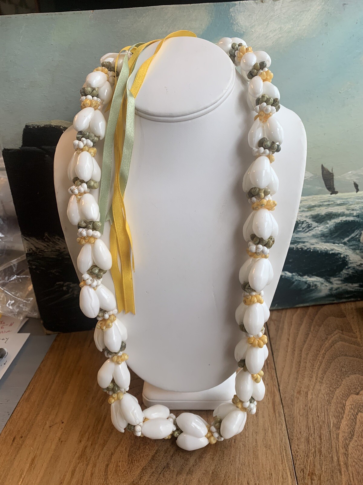 Vintage Hawaiian Shell Lei Necklace With Ribbons Handmade 26” Long-AMAZING !