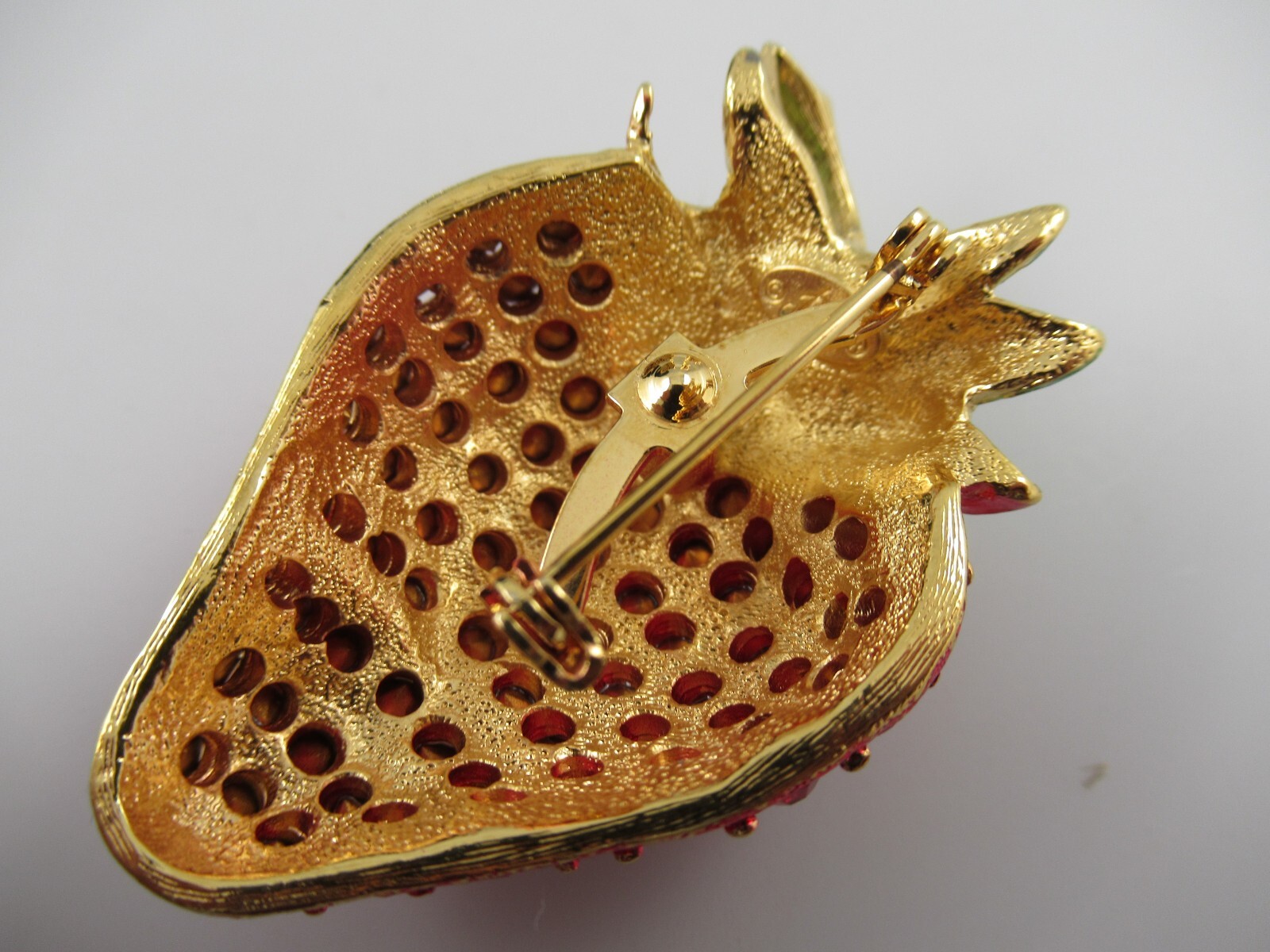 Signed Revere Red Crystal & Enamel Gold Tone Strawberry Brooch , Pin