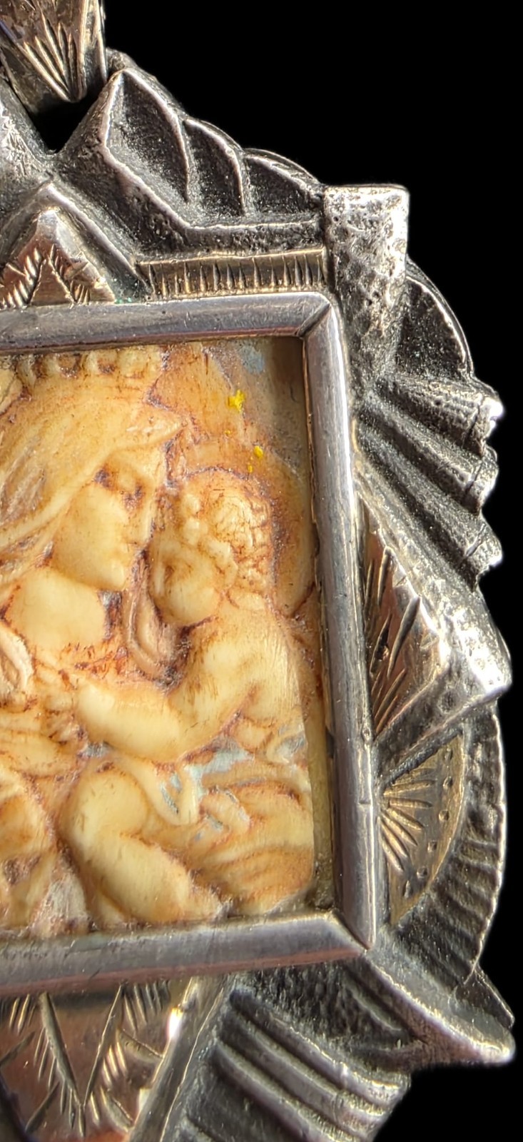 Fine Antique Art Nouveau Silver Gold Madonna Virgin Mary and Jesus Pendant C1900