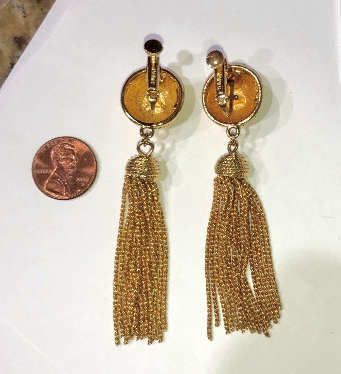 Signed NAPIER Vtg TASSEL Gold Tone Clip-on EARRINGS Dangle Adjustable Screwbacks