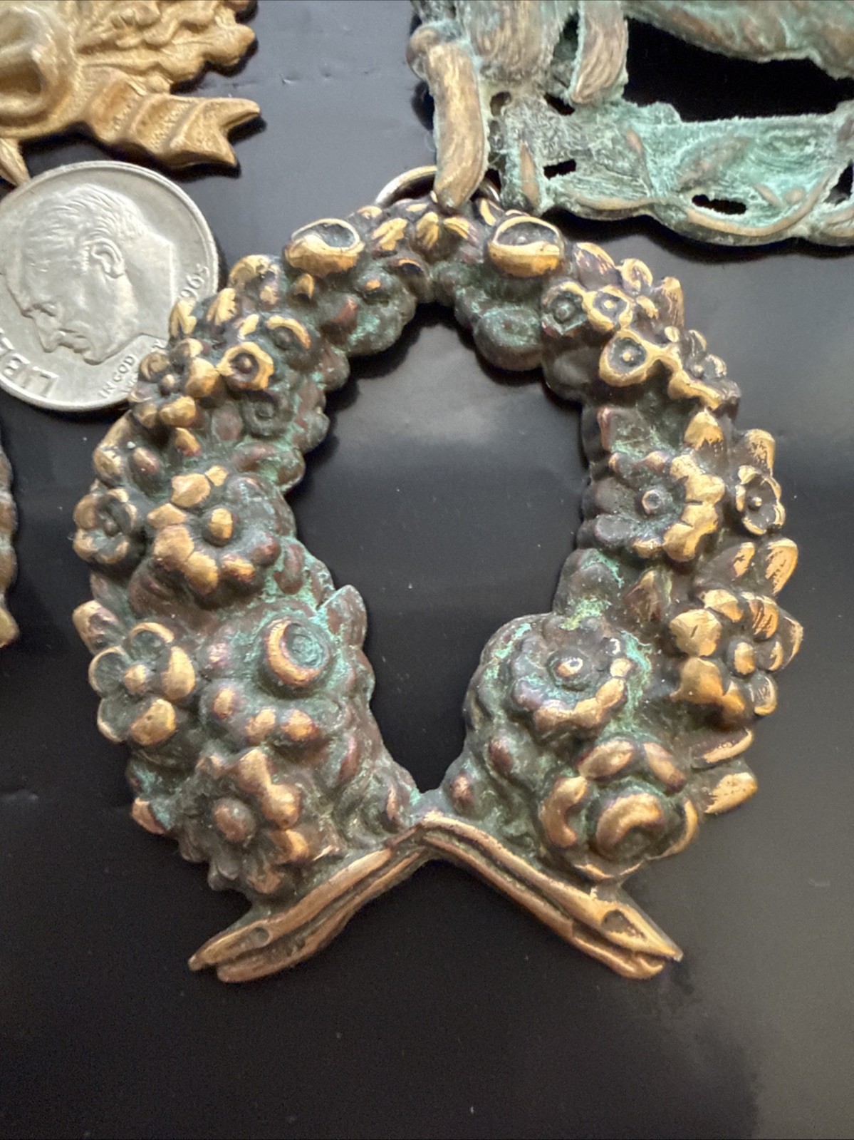 7 Vintage Brass Pendants Cross Angels Bird Rabbit Wreath Art Noueva Victorian