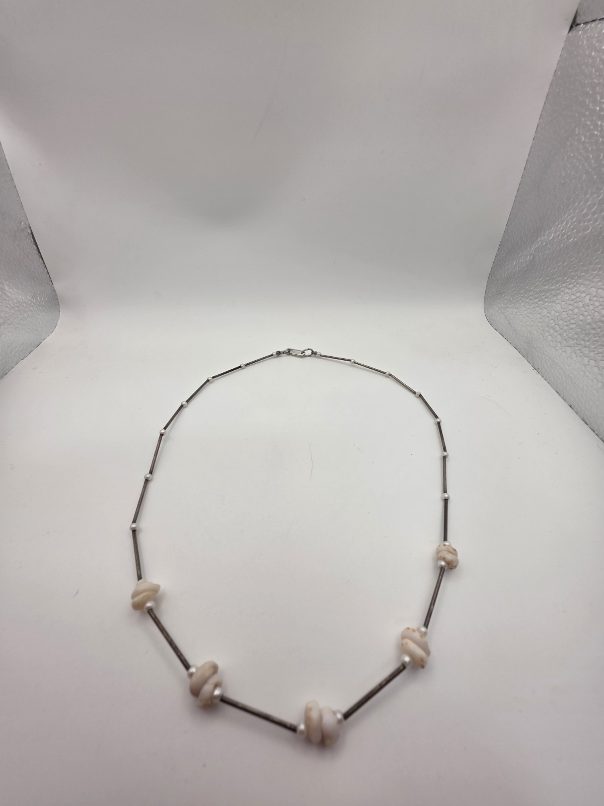 Vintage Hobe’ Necklace With Shells And Pearls Silvertone Tube Beads