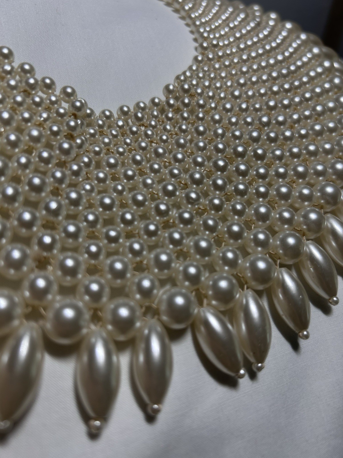 Vintage Wide Bib Collar Faux Pearl Beaded Necklace 14″ ~ Missing Hook Clasp