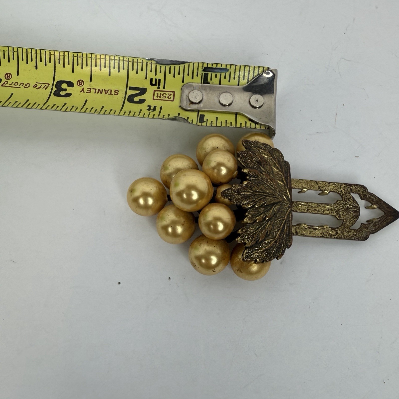 Vintage LARGE 2” Gold Tone Bunch Of Grapes Faux Pearl Antique Fur Clip 1930s