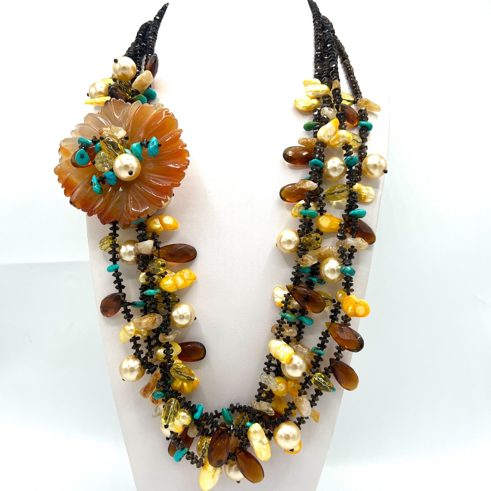 Vintage Artisan Multi Strand Necklace Carved Carnelian Flower Freshwater Pearls