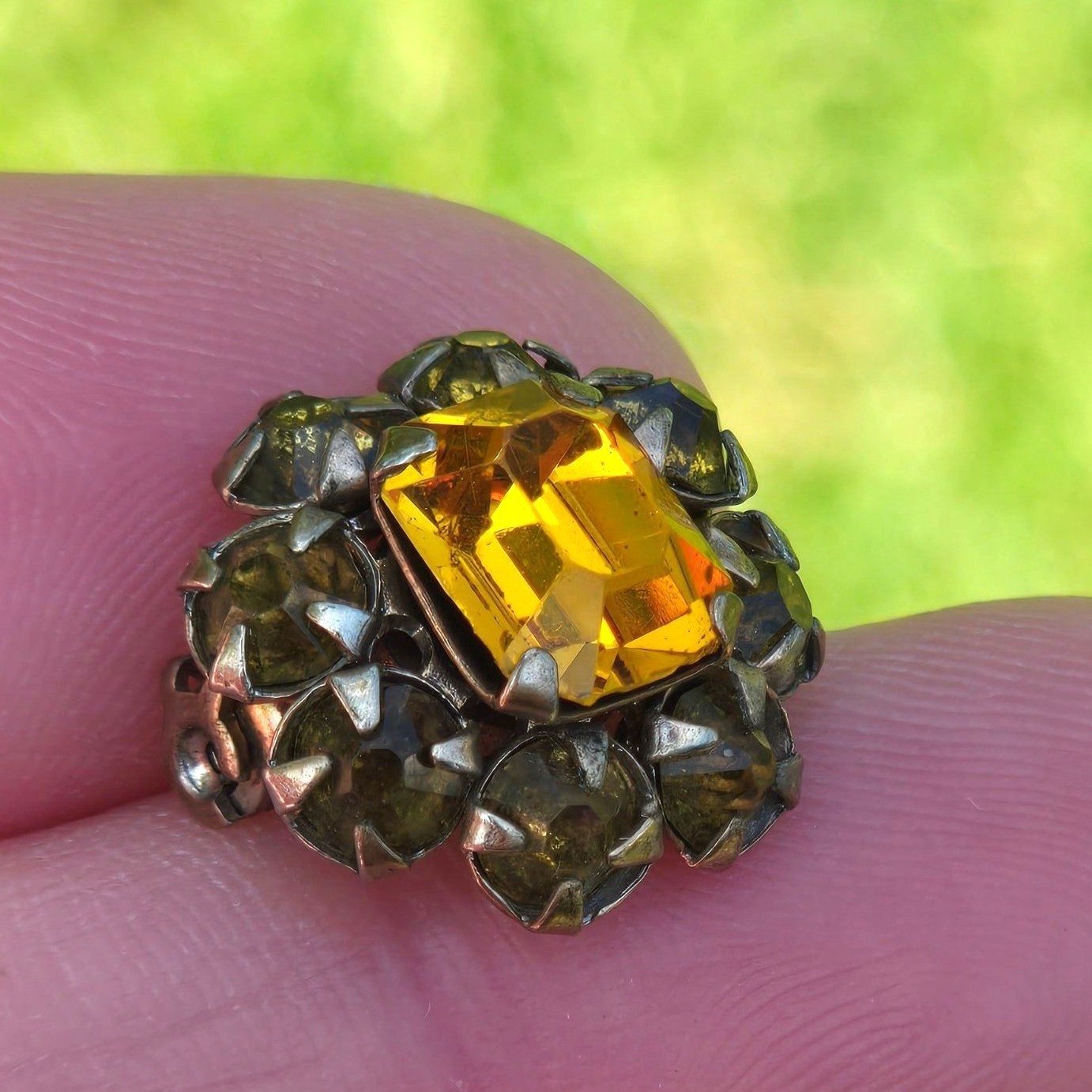 Vintage Amber Rhinestone Brooch Topaz Crystal Cluster Pin jewelry mini Sparkle