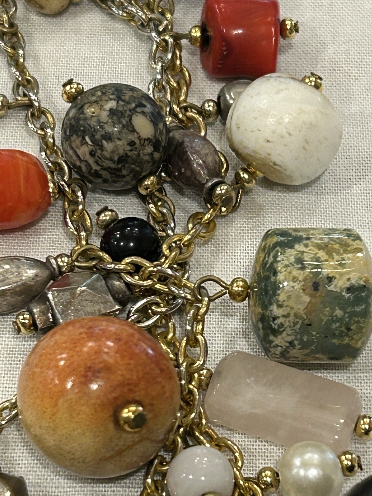Vtg Asian-Themed Mixed Material 3-Strand Charm Necklace w/Carved Wood Buddha 28”