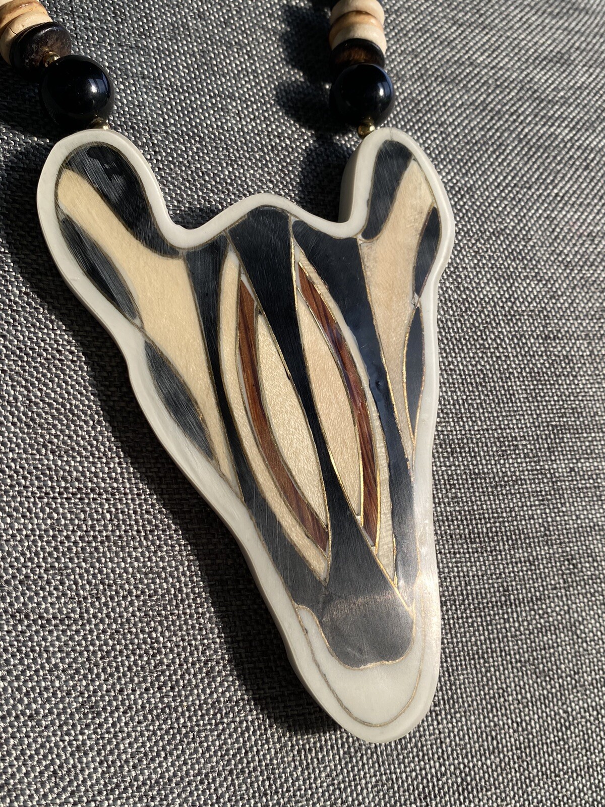 Lee Sands Necklace Zebra Wood Inlaid Beaded Africa Safari VTG Animal Estate
