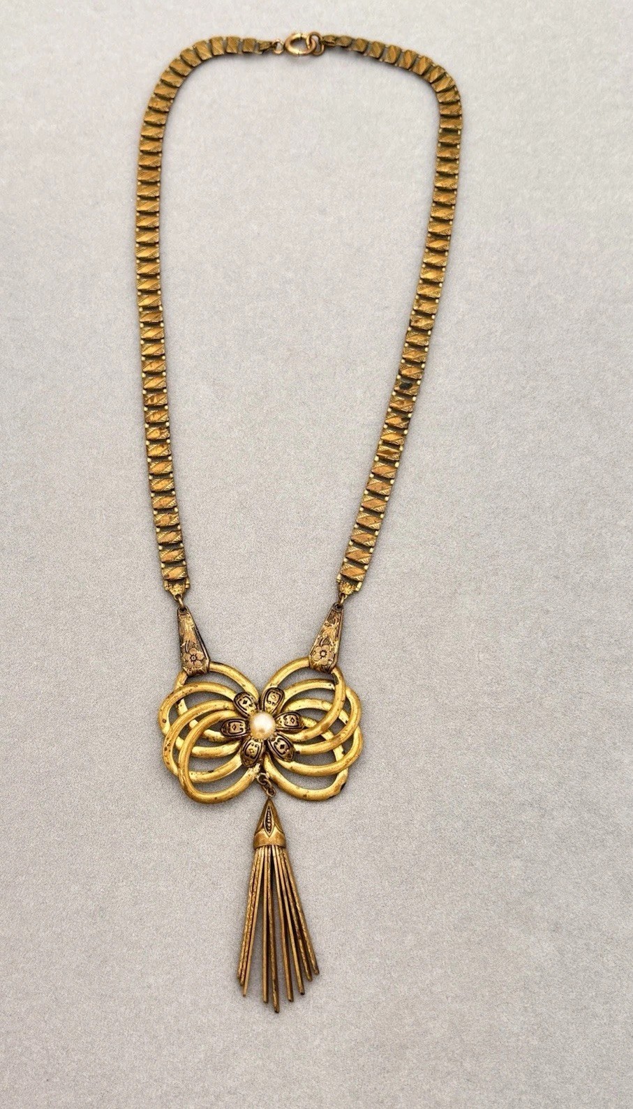 Antique Book Chain Gold Tone Necklace Floral Etched Bow Articulated Pendant