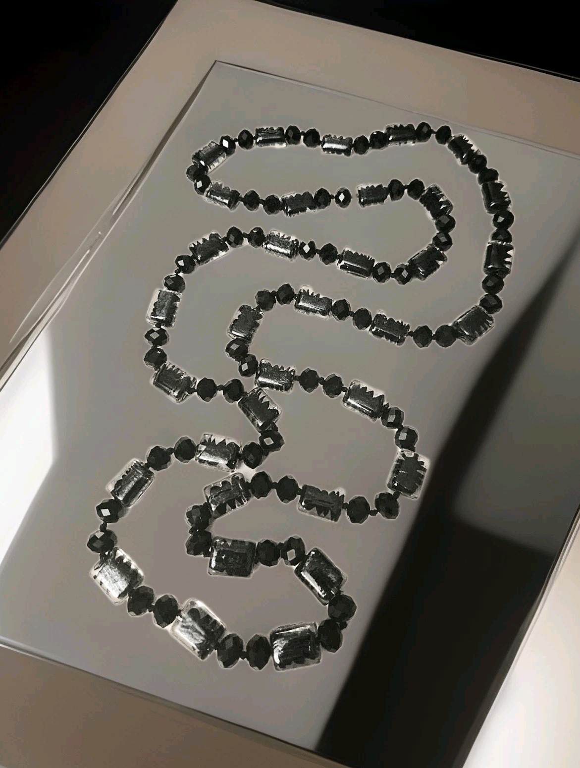 Antique Paris Necklace Black and Clear Glass Beads 1920s Flapper Xtra Long