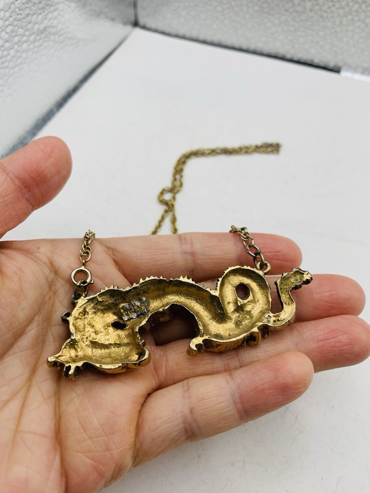 Vintage Alva Museum Replica Gold Tone Menuki Asian Japanese Dragon 18” Necklace