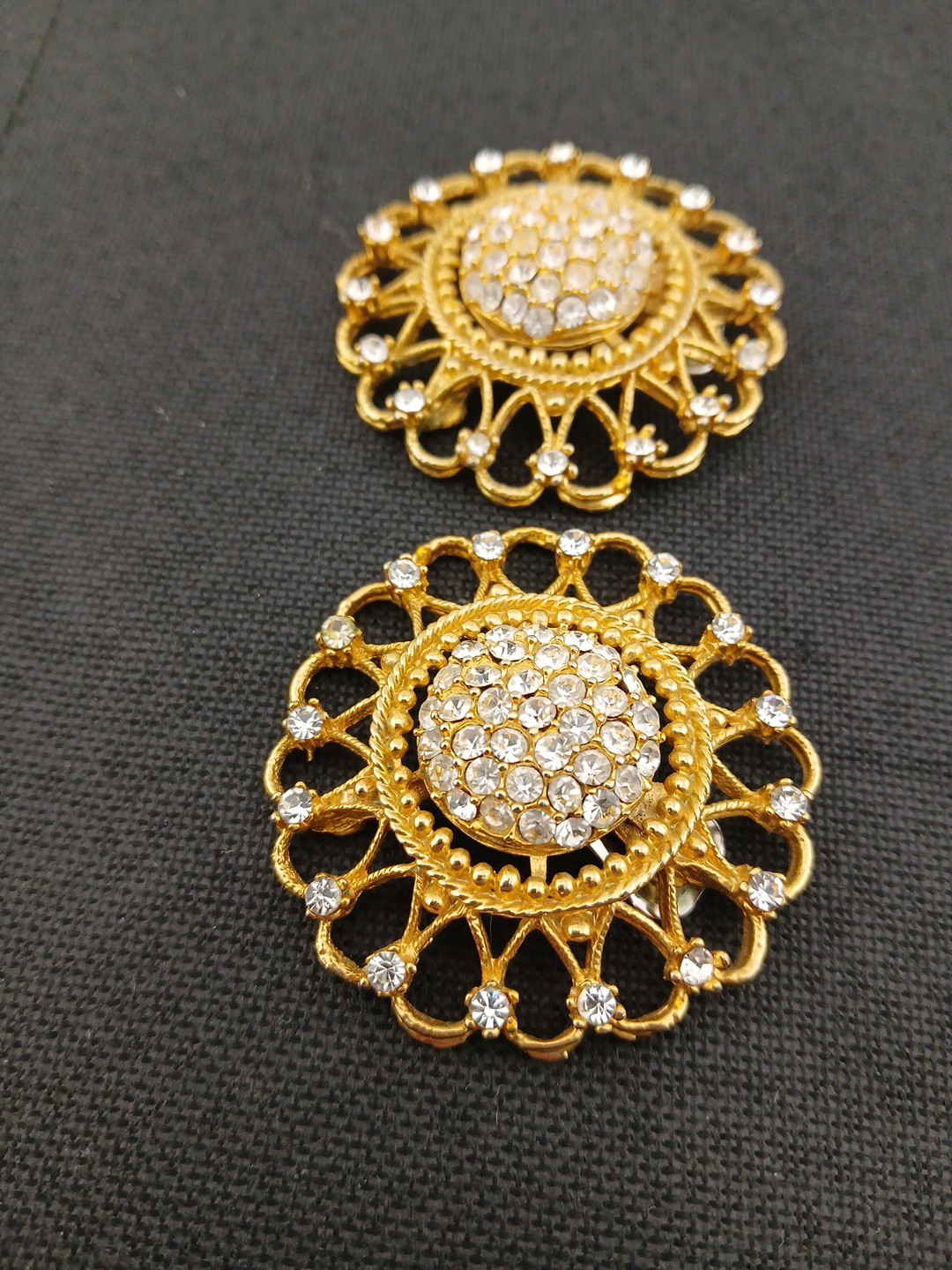 HUGE 1980 gold-tone pave clear crystals open metal work round clip-on earrings