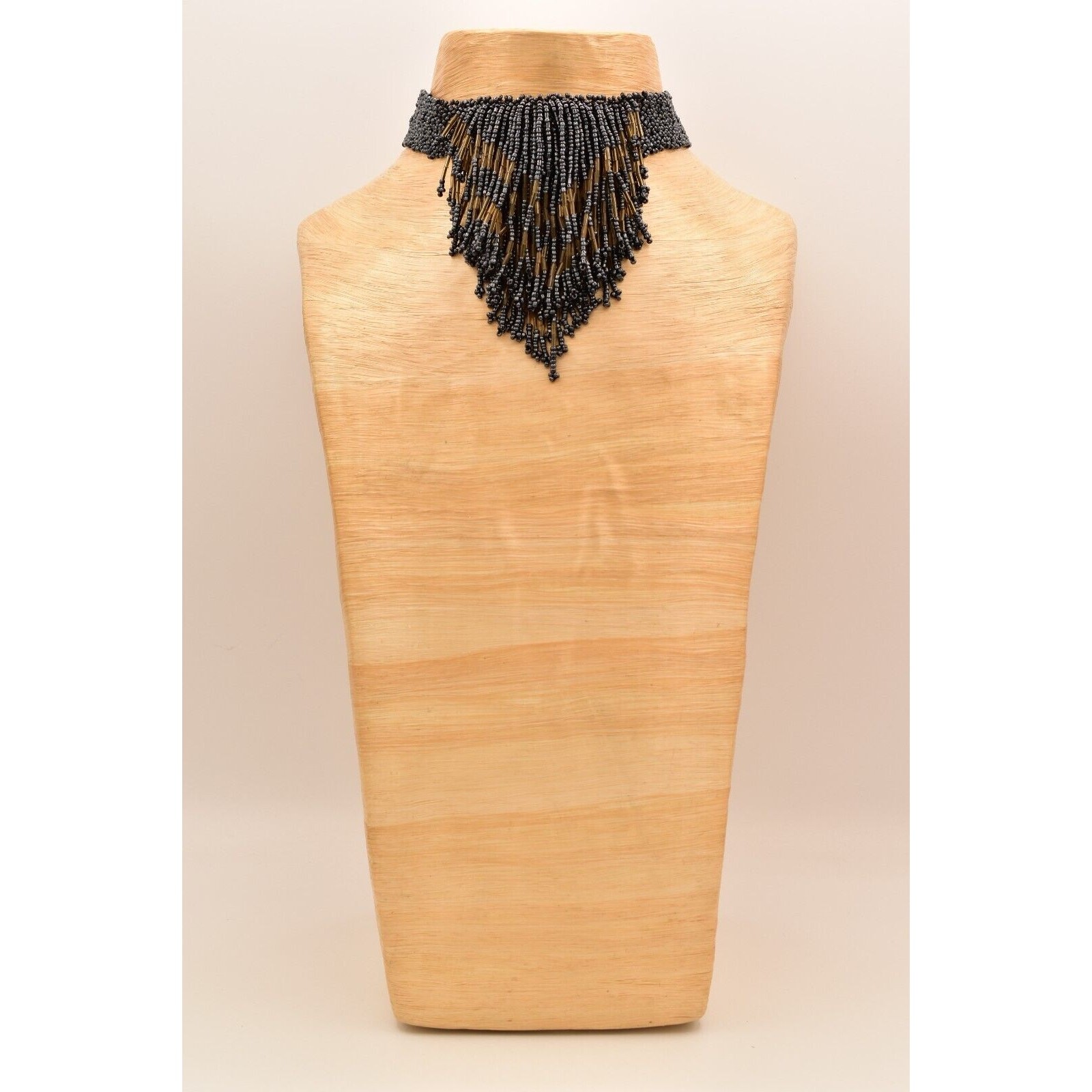 Vintage Statement Choker Necklace Fringe Bib Collar Beaded Gray Chunky 90s BinBE