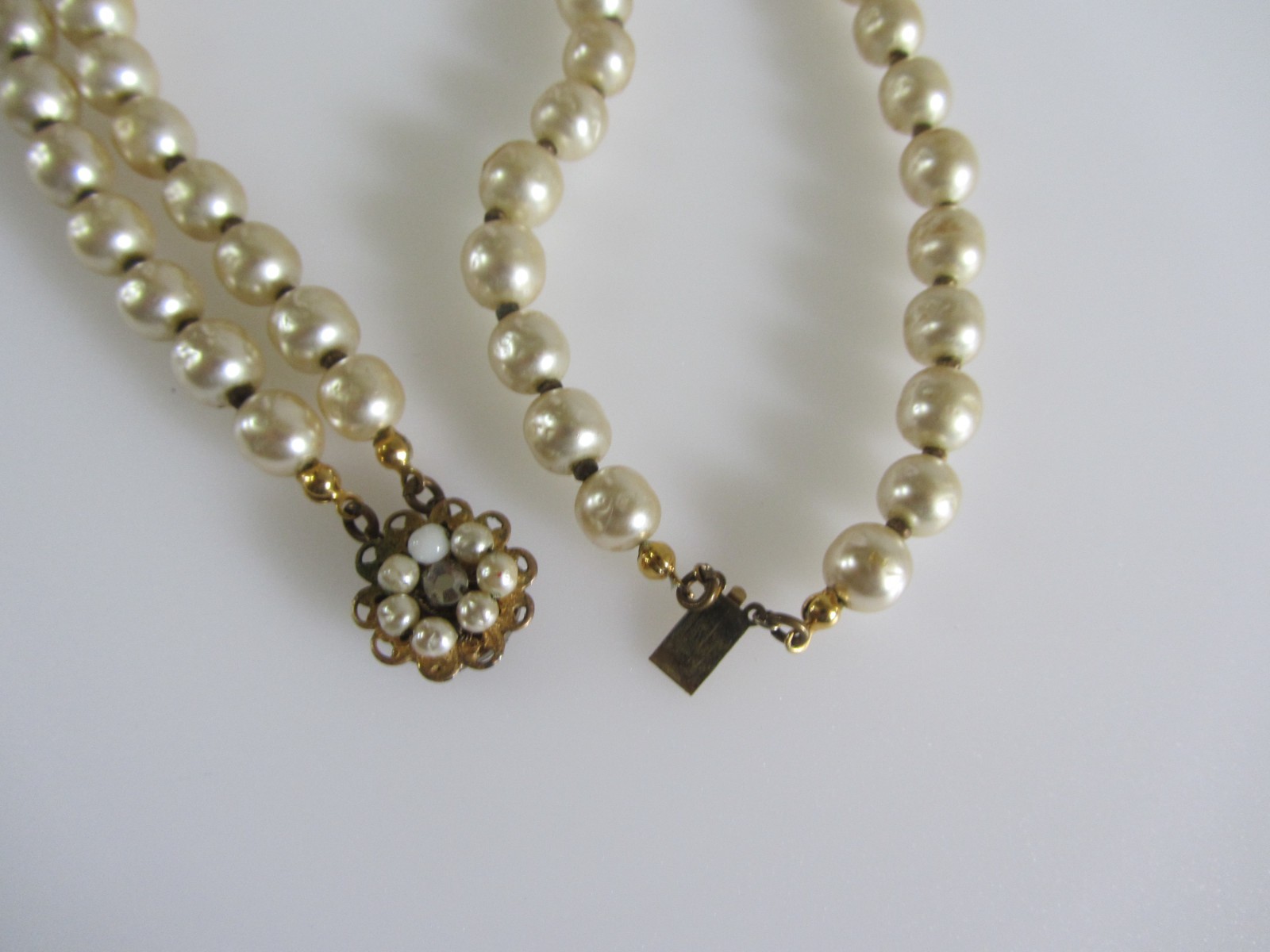 Vintage Signed Miriam Haskell Double Strand Pearl Necklace with Ornate Leaf Pend