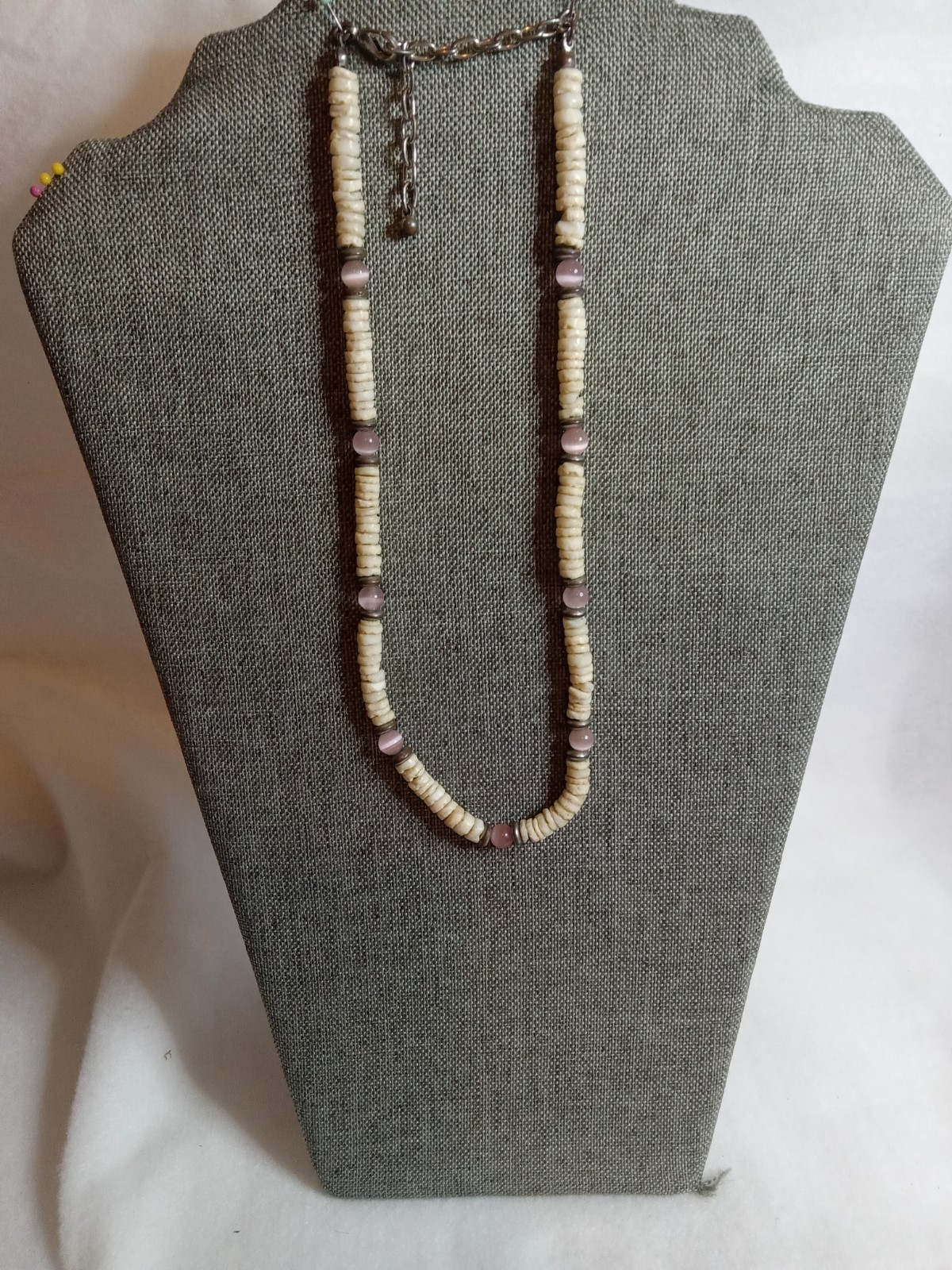 VTG Natural Shell Heishi Disc With Pink Pearl Glass Beads Boho Style Necklace