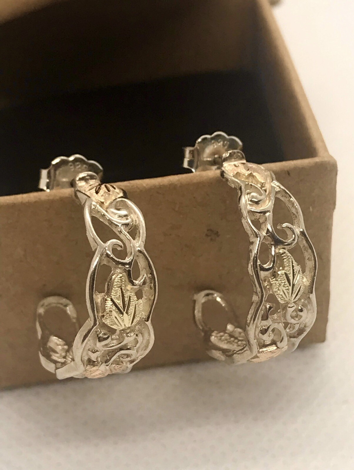 Vintage 9Karat Yellow & Rose Gold Silver Leaf Half Hoop Push Back Earrings