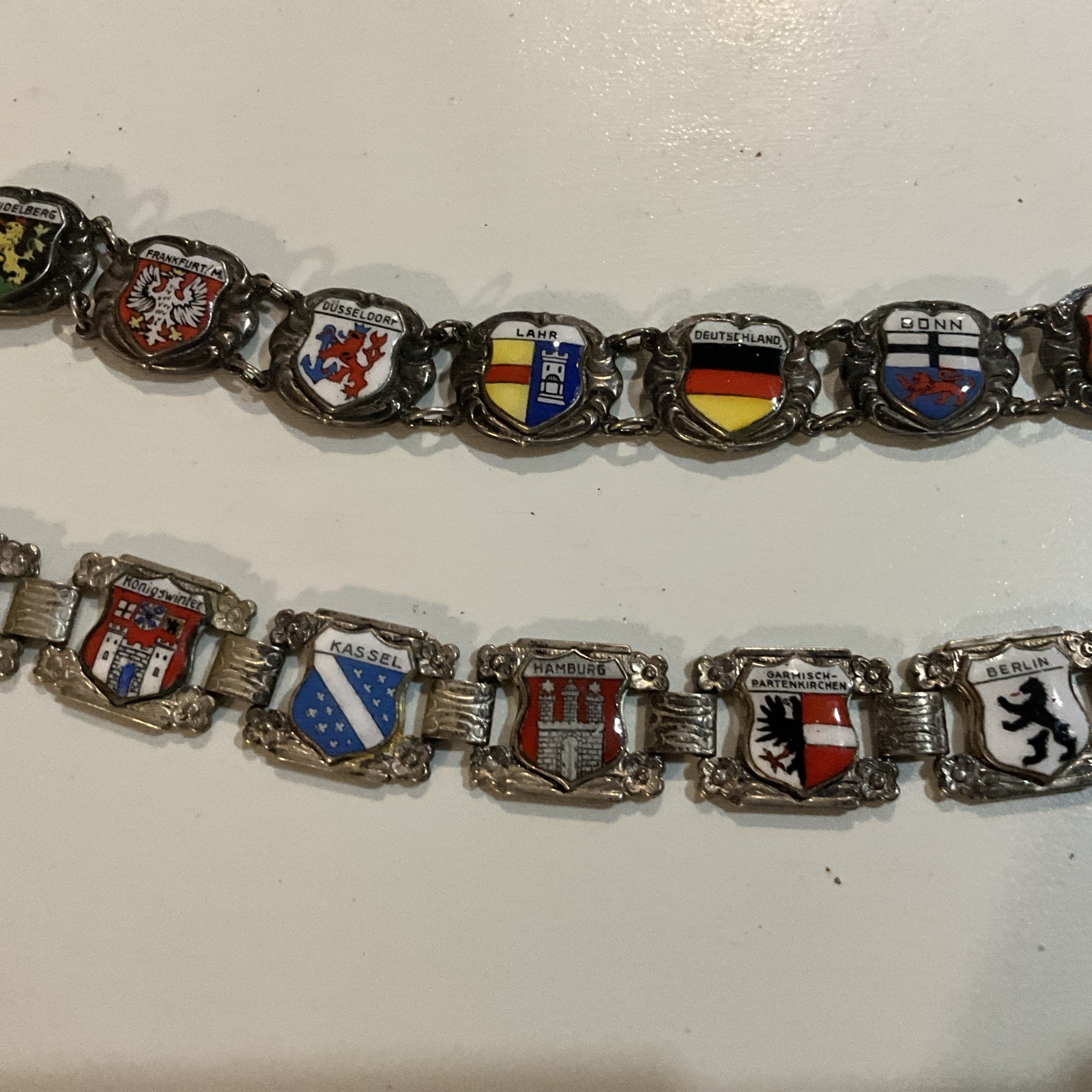 2 Vintage Coat Of Arms Heraldic Enamel Panel Bracelet 1950s GERMANY SILVERPLATED