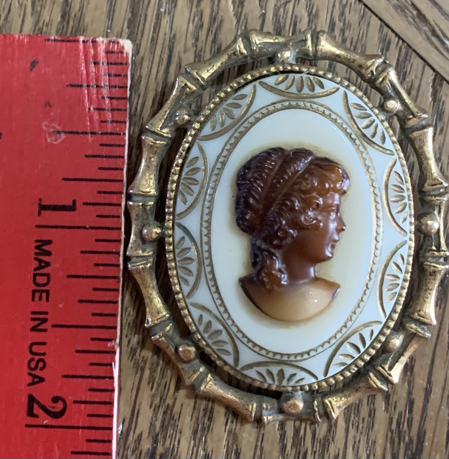 Vintage Cameo Brooch Brown Resin Oval Gold Tone Metal Filigree 2”