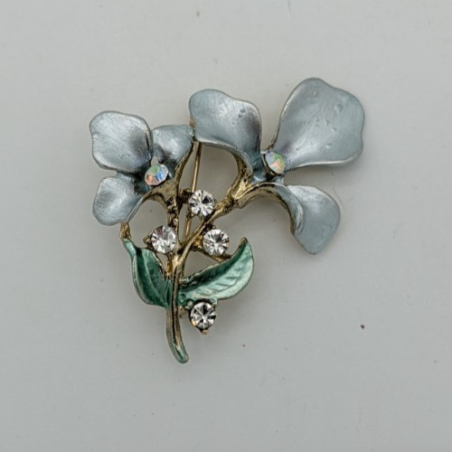 vintage blue enamel flower clear rhinestones green enamel leaves brooch pin