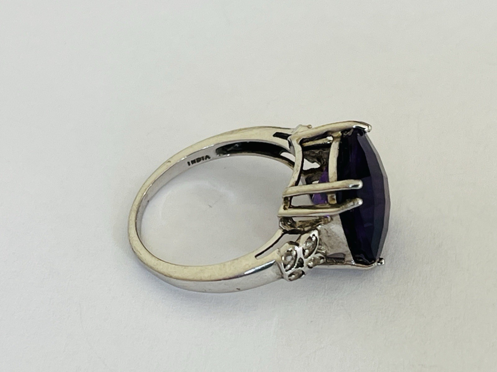 Designer BML Sterling Silver Cushion Cut Amethyst And White Topaz Ring Size 7